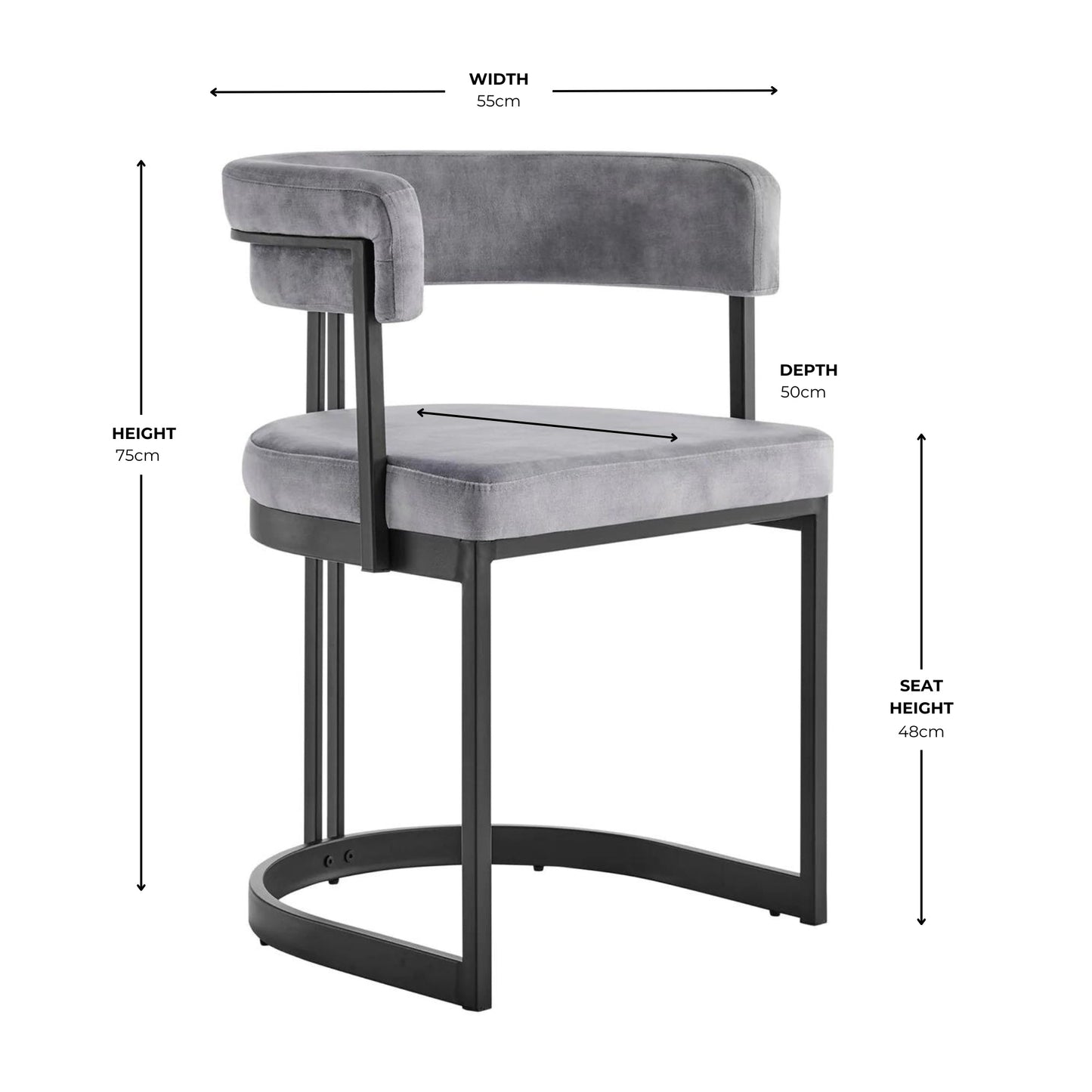 Chaise de salle à manger incurvée Mia en velours gris et cadre noir