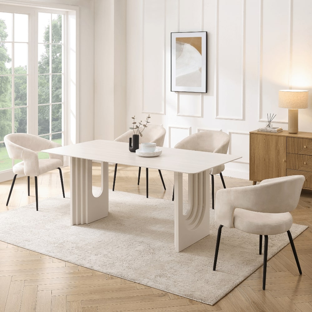 Table à manger Apollo en céramique blanche avec base crème