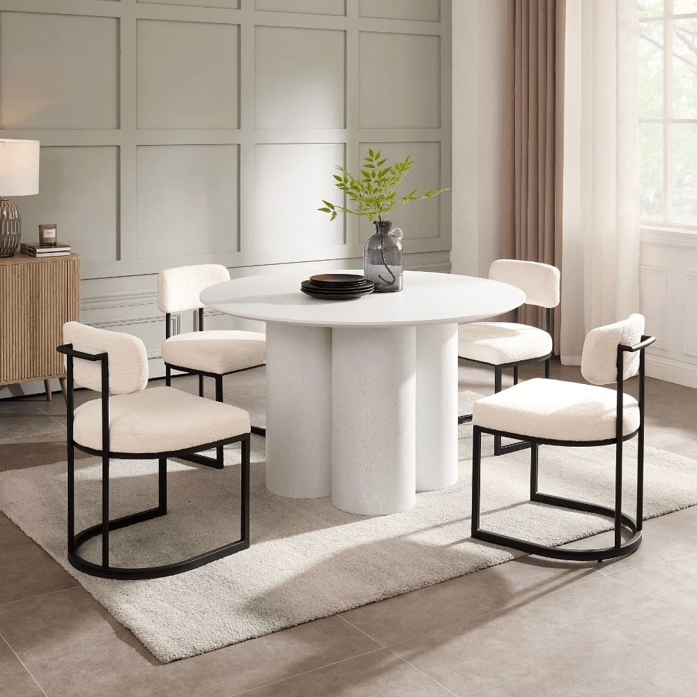 Table à manger ronde en bois blanc Marco avec base en bois blanc