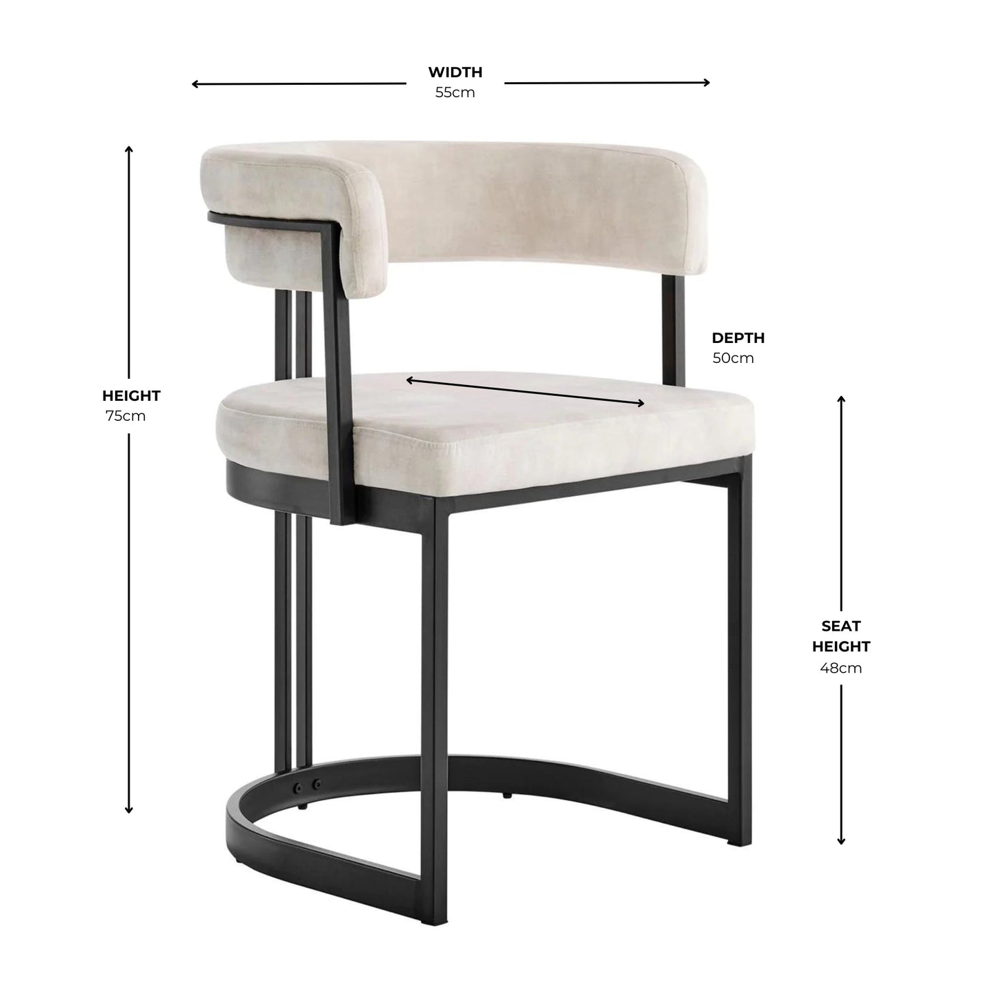 Chaise de salle à manger incurvée Mia en velours crème et cadre noir