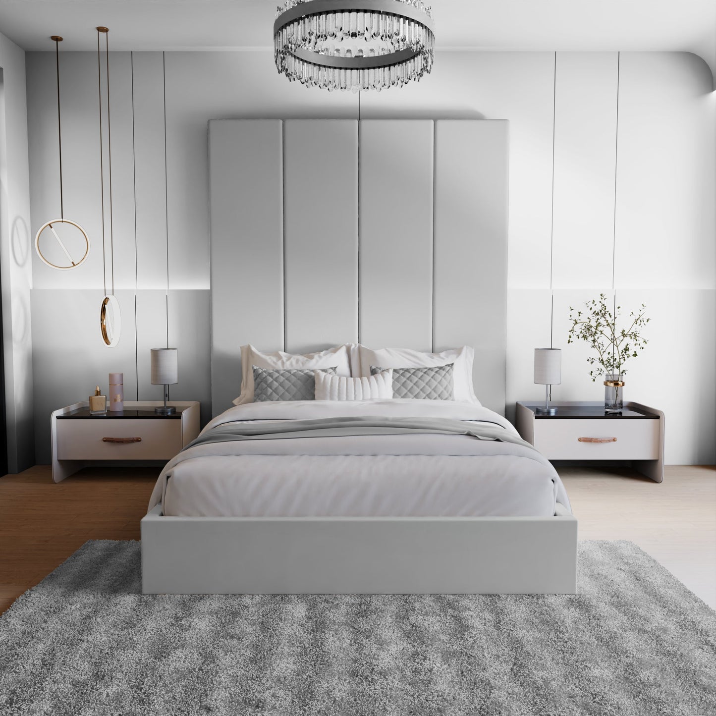 Lit à panneaux muraux en velours gris clair avec rangement ottoman