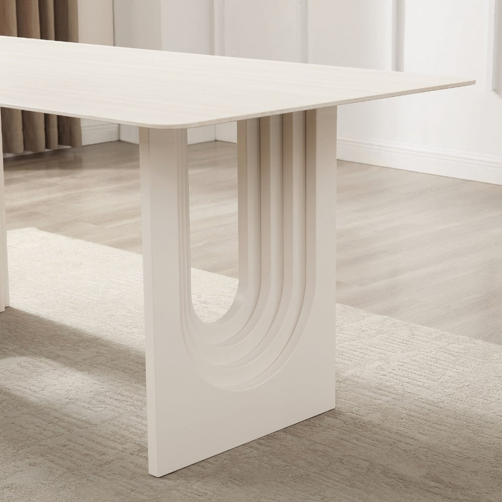 Table à manger Apollo en céramique blanche avec base crème
