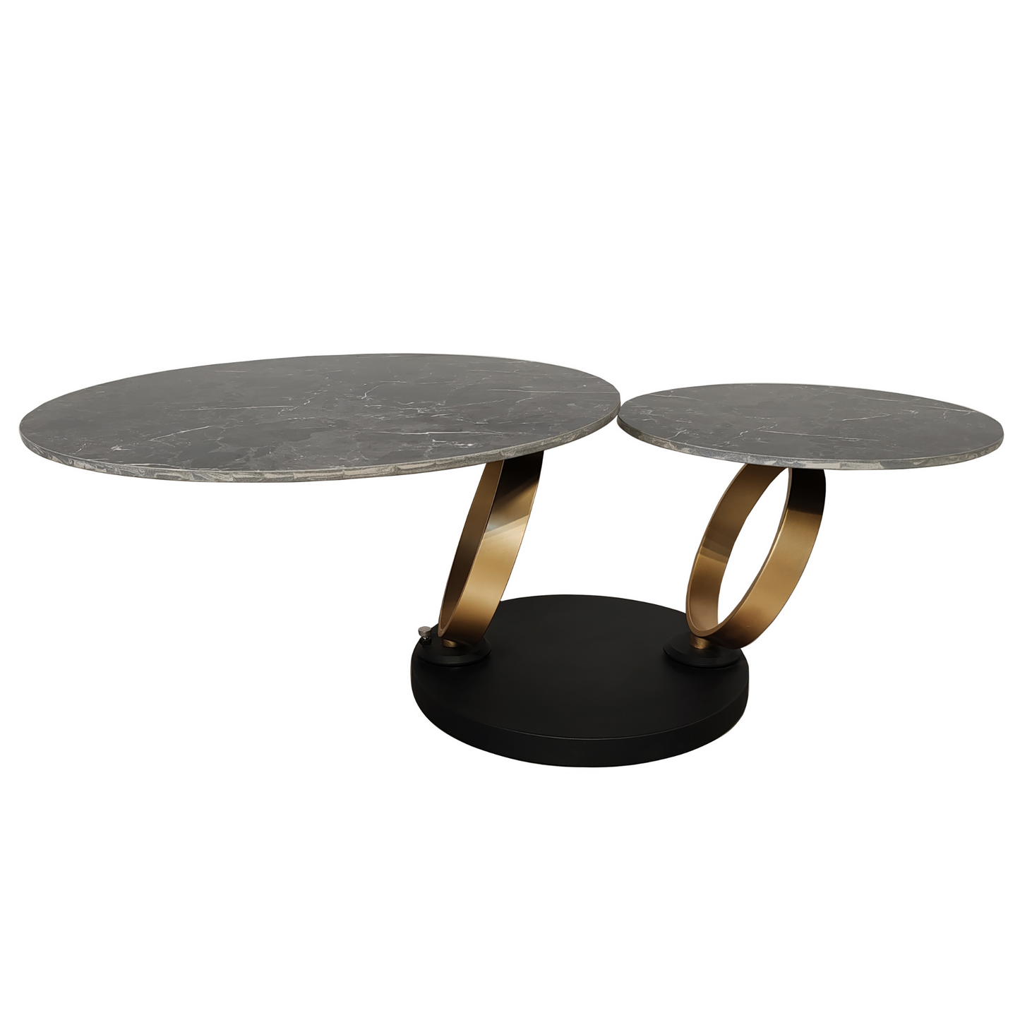 Table basse pivotante en céramique noire effet marbre avec base dorée