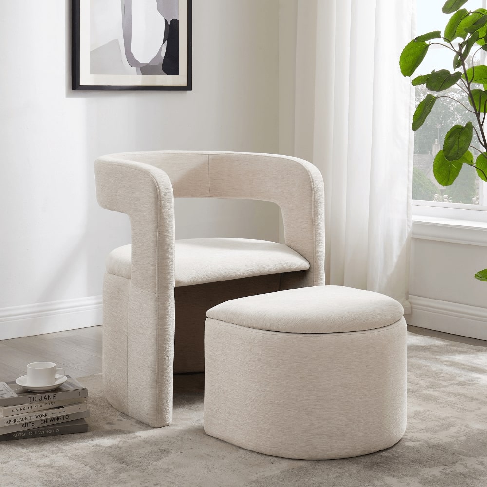 Fauteuil d'appoint incurvé Lada en chenille crème avec repose-pieds de rangement