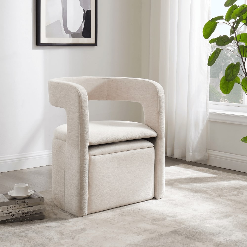 Fauteuil d'appoint incurvé Lada en chenille crème avec repose-pieds de rangement