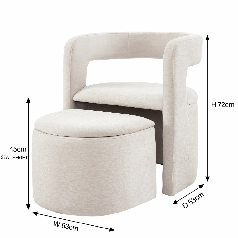 Fauteuil d'appoint incurvé Lada en chenille crème avec repose-pieds de rangement