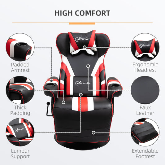Fauteuil de jeu inclinable pivotant à 360° style course avec support lombaire, repose-pieds et deux porte-gobelets pour salle de jeux