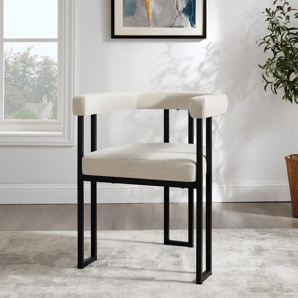 Chaise de salle à manger incurvée en chenille crème Celine avec cadre noir