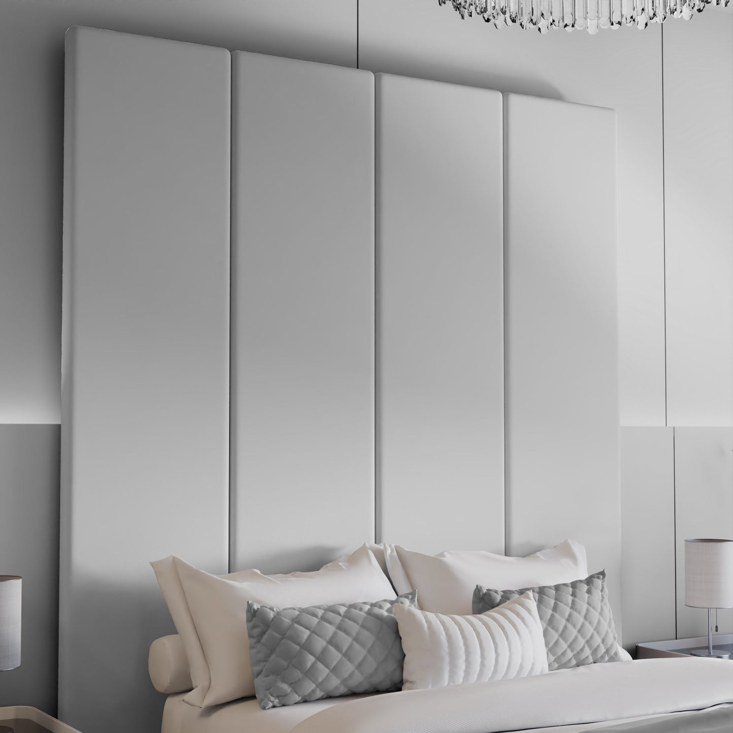 Lit à panneaux muraux en velours gris clair avec rangement ottoman