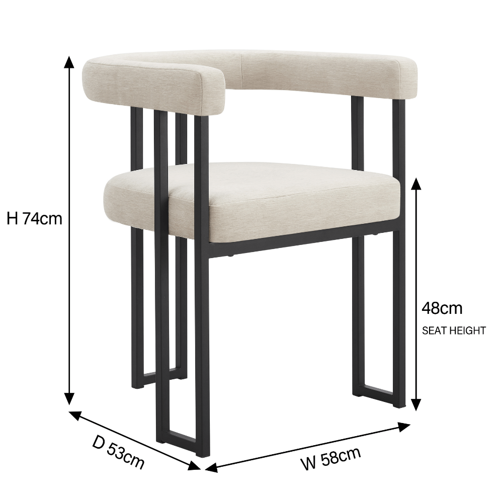 Chaise de salle à manger incurvée en chenille crème Celine avec cadre noir