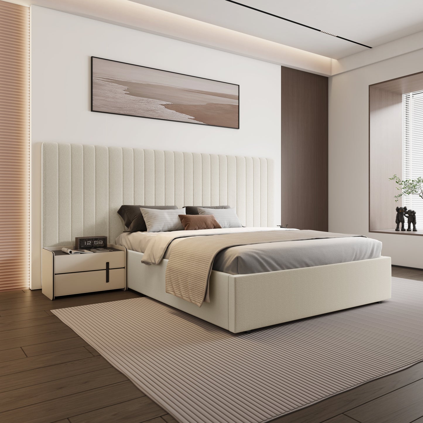 Lit coffre-fort Inaya en velours crème avec tête de lit et panneau large en tissu, king size