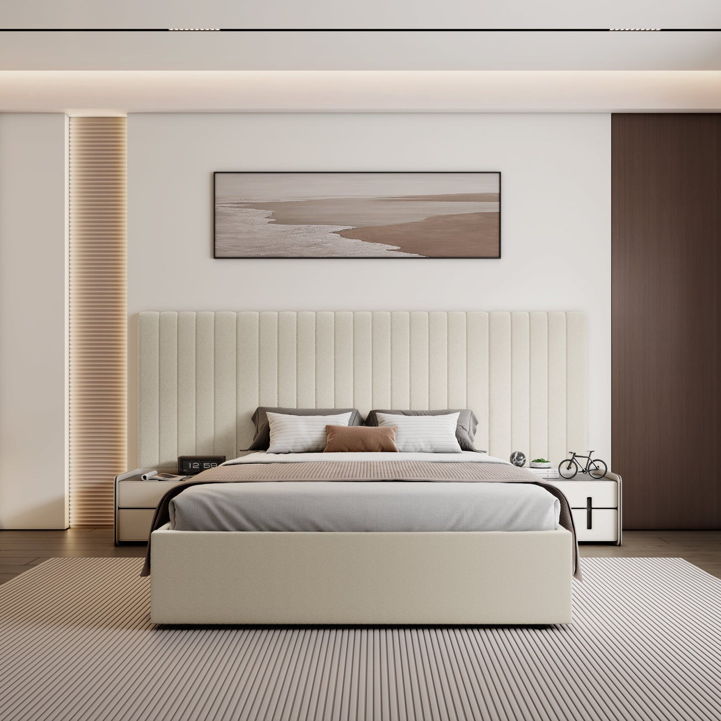 Lit coffre-fort Inaya en velours crème avec tête de lit et panneau large en tissu, king size