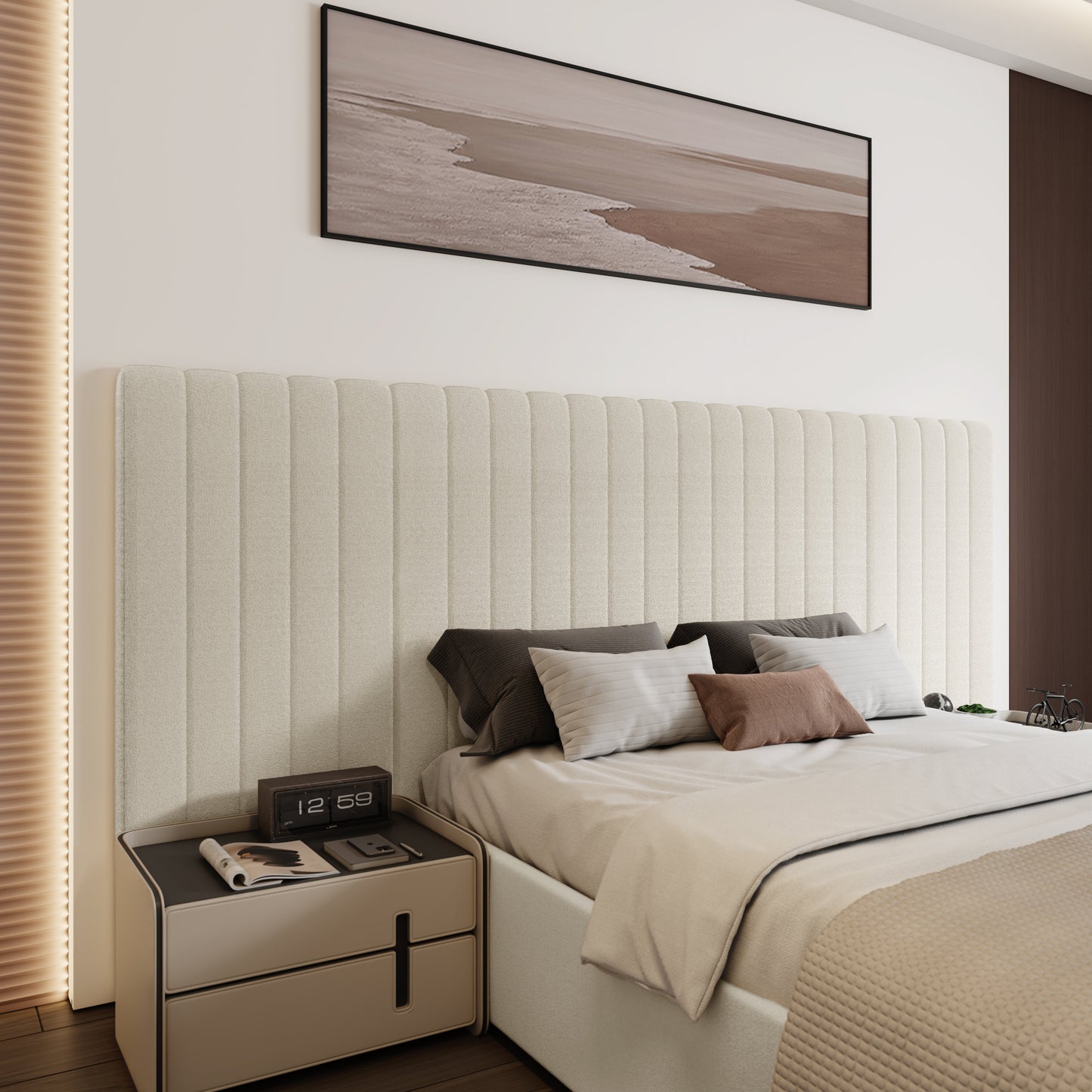 Lit coffre-fort Inaya en velours crème avec tête de lit et panneau large en tissu, king size