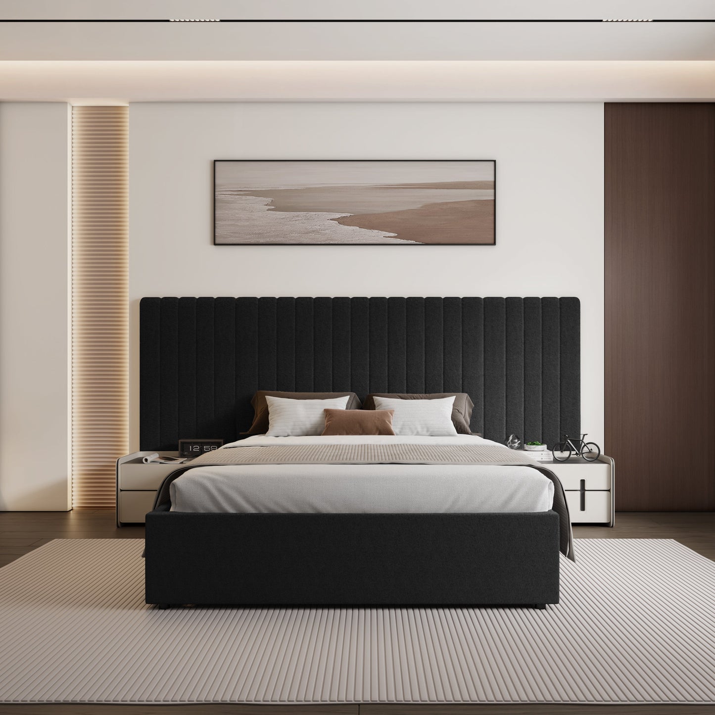 Inaya Lit king size avec tête de lit ottomane et rangement en velours noir à large panneau
