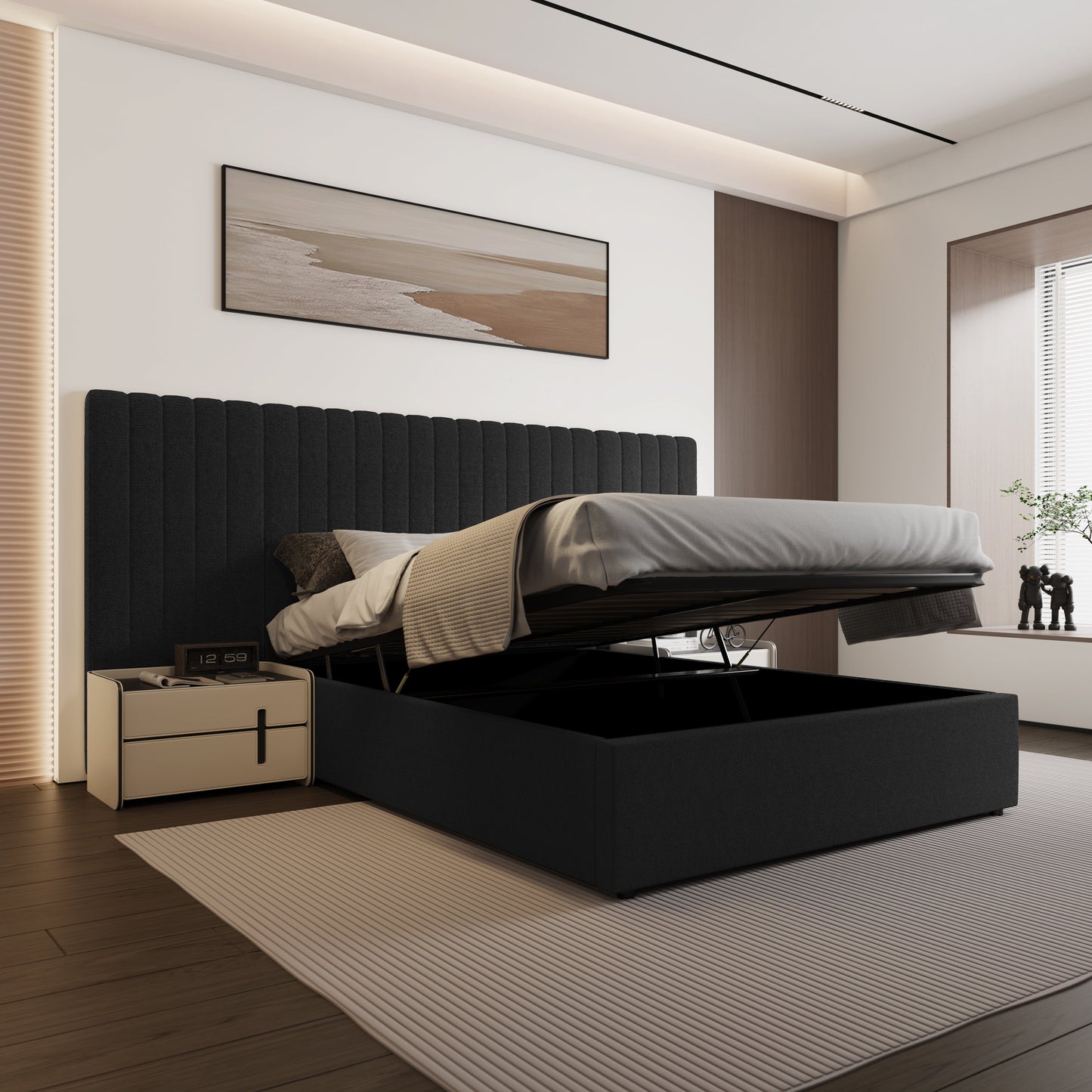 Inaya Lit king size avec tête de lit ottomane et rangement en velours noir à large panneau