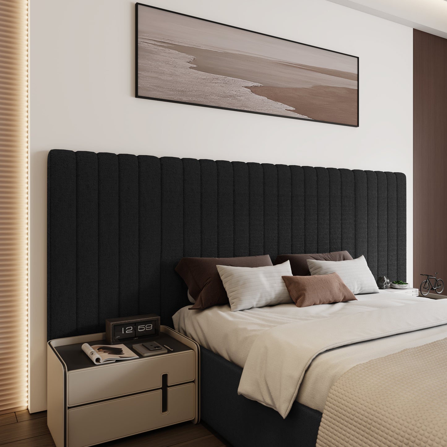 Inaya Lit king size avec tête de lit ottomane et rangement en velours noir à large panneau