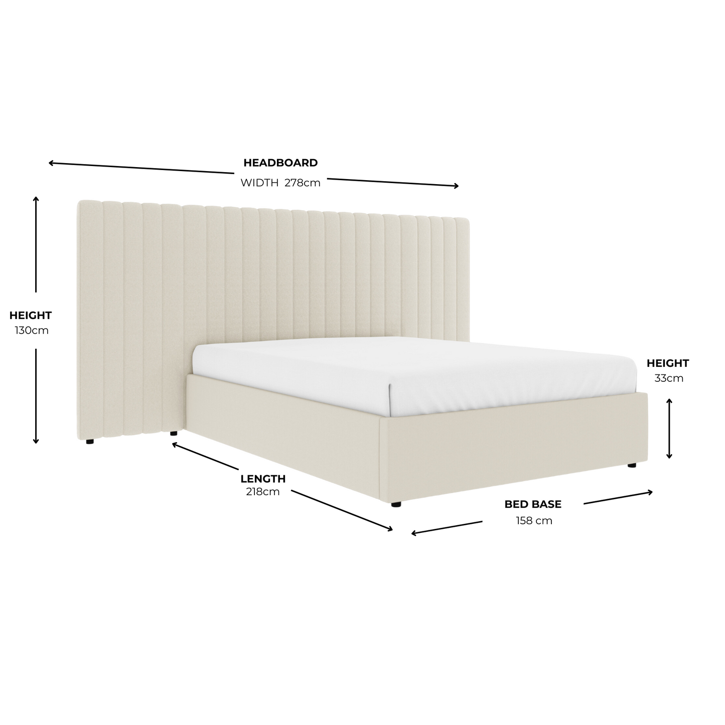 Lit coffre-fort Inaya en velours crème avec tête de lit et panneau large en tissu, king size