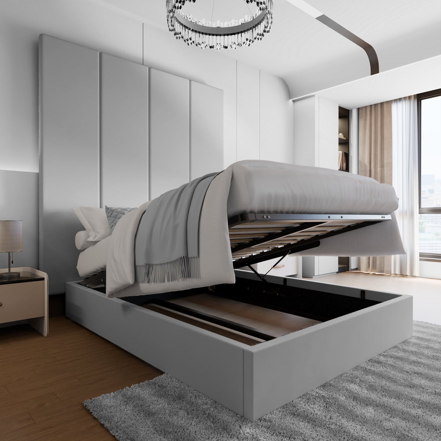 Lit à panneaux muraux en velours gris clair avec rangement ottoman