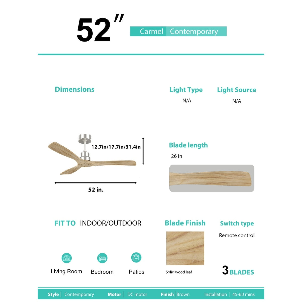 Ventilateur de plafond moderne en bois massif/ABS de 52 pouces avec télécommande (sans lumière), 6 vitesses de vent, flux d'air réversible
