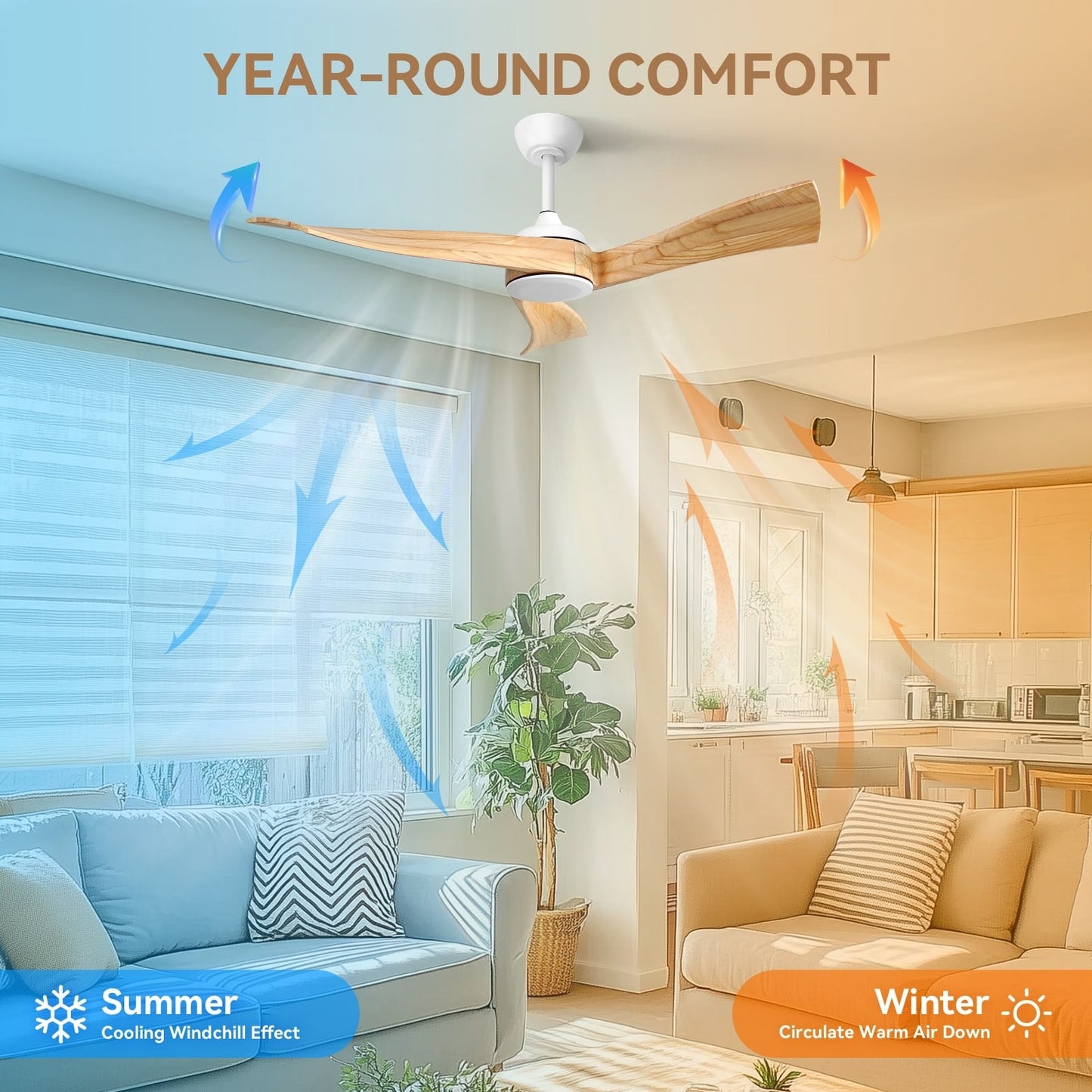 Ventilateur de plafond moderne en bois massif/ABS de 52 pouces avec télécommande (sans lumière), 6 vitesses de vent, flux d'air réversible