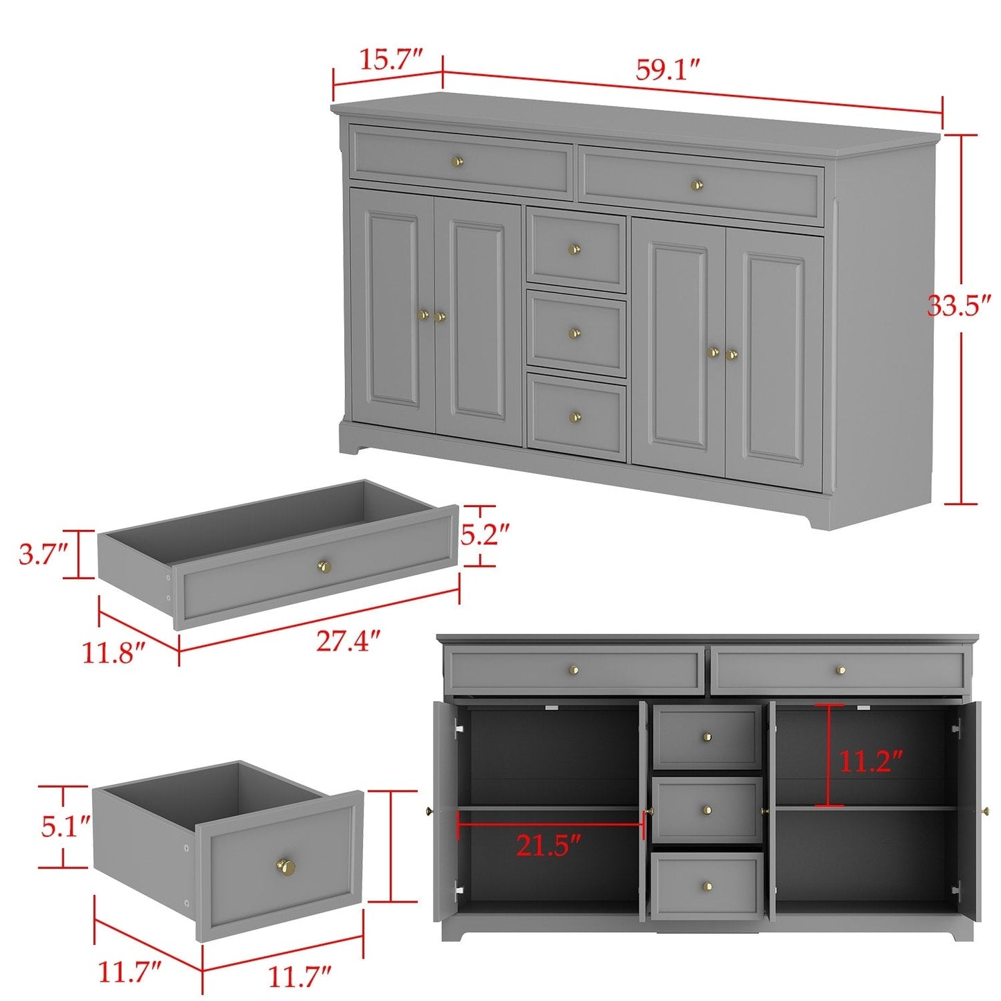 Buffet blanc laqué de 59,1 pouces, style contemporain et moderne du milieu du siècle