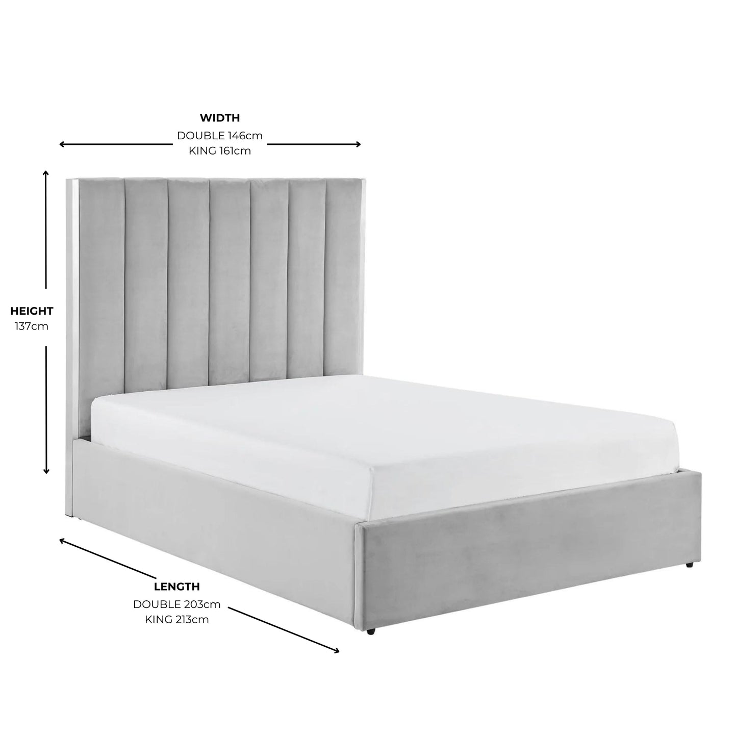 Lit Chloé gris avec bordure argentée et rangement ottoman