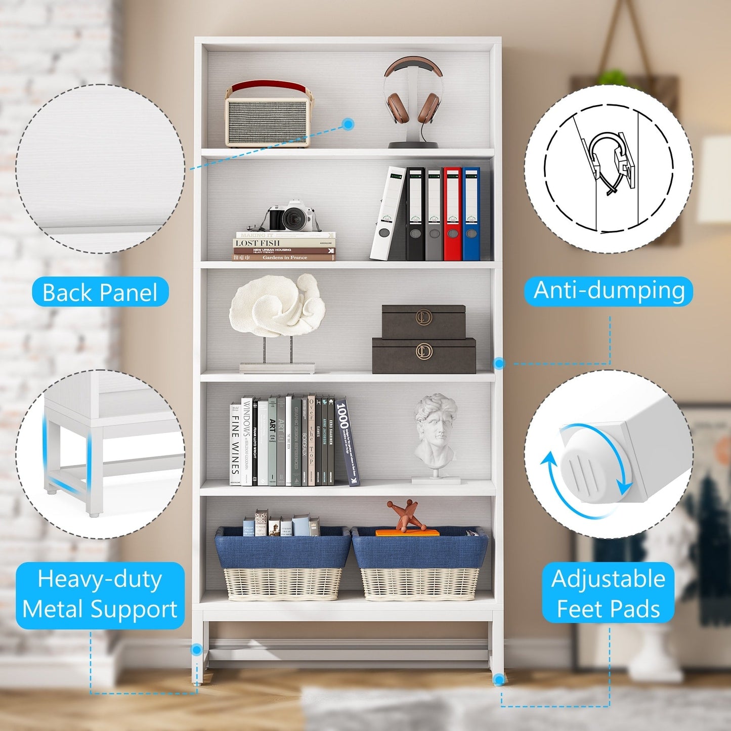 Bibliothèque et étagère de 70,8 pouces de hauteur, grande bibliothèque à 5 niveaux - 11,81 P x 31,5 L x 70,87 H