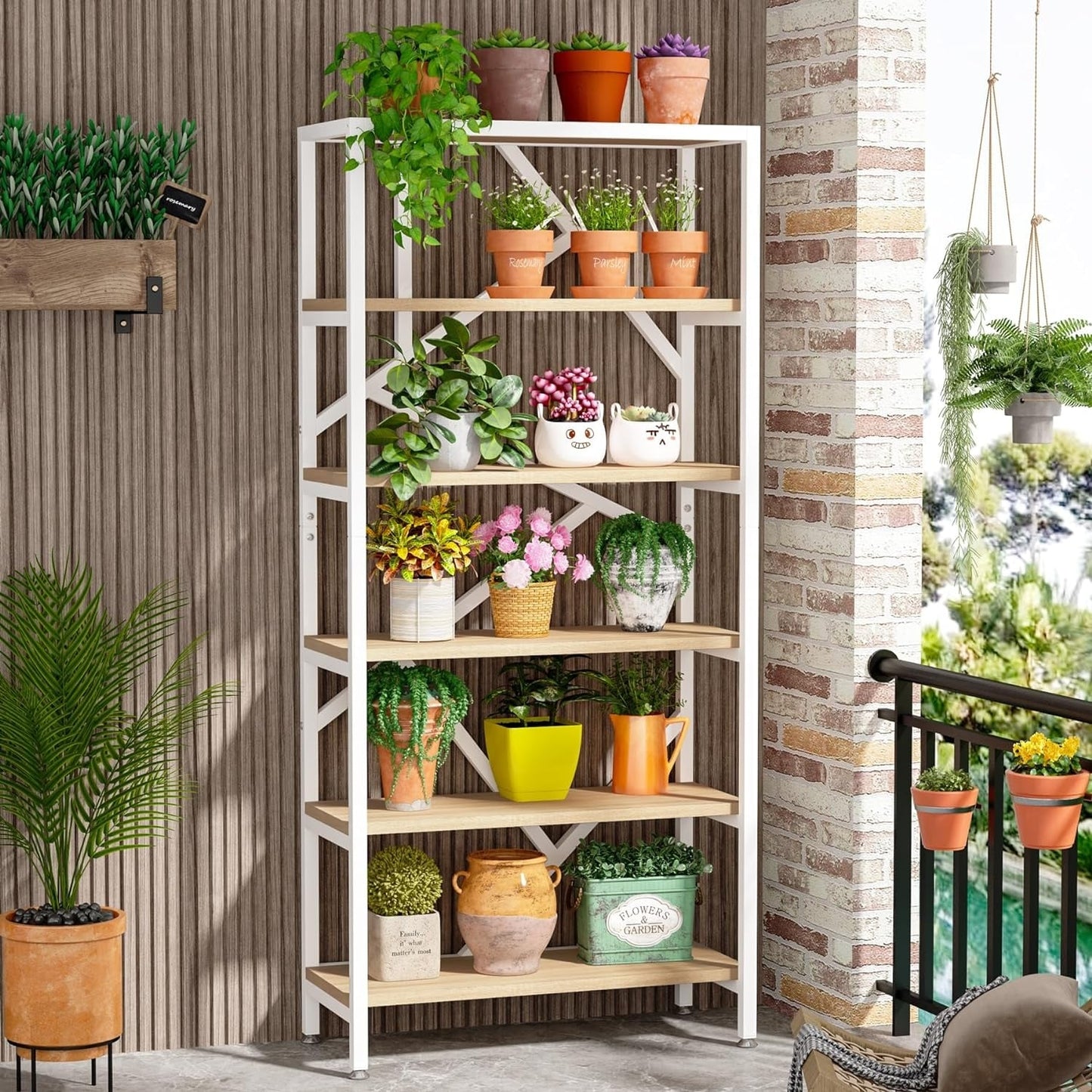 Bibliothèque industrielle à 6 niveaux en bois brun rustique, étagères ouvertes