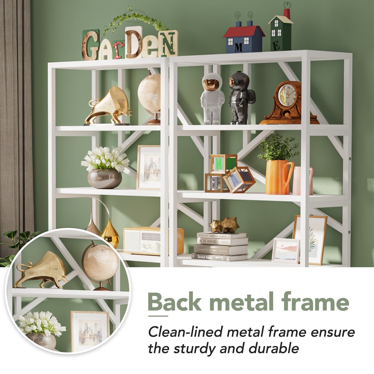 Bibliothèque industrielle à 6 niveaux en bois brun rustique, étagères ouvertes