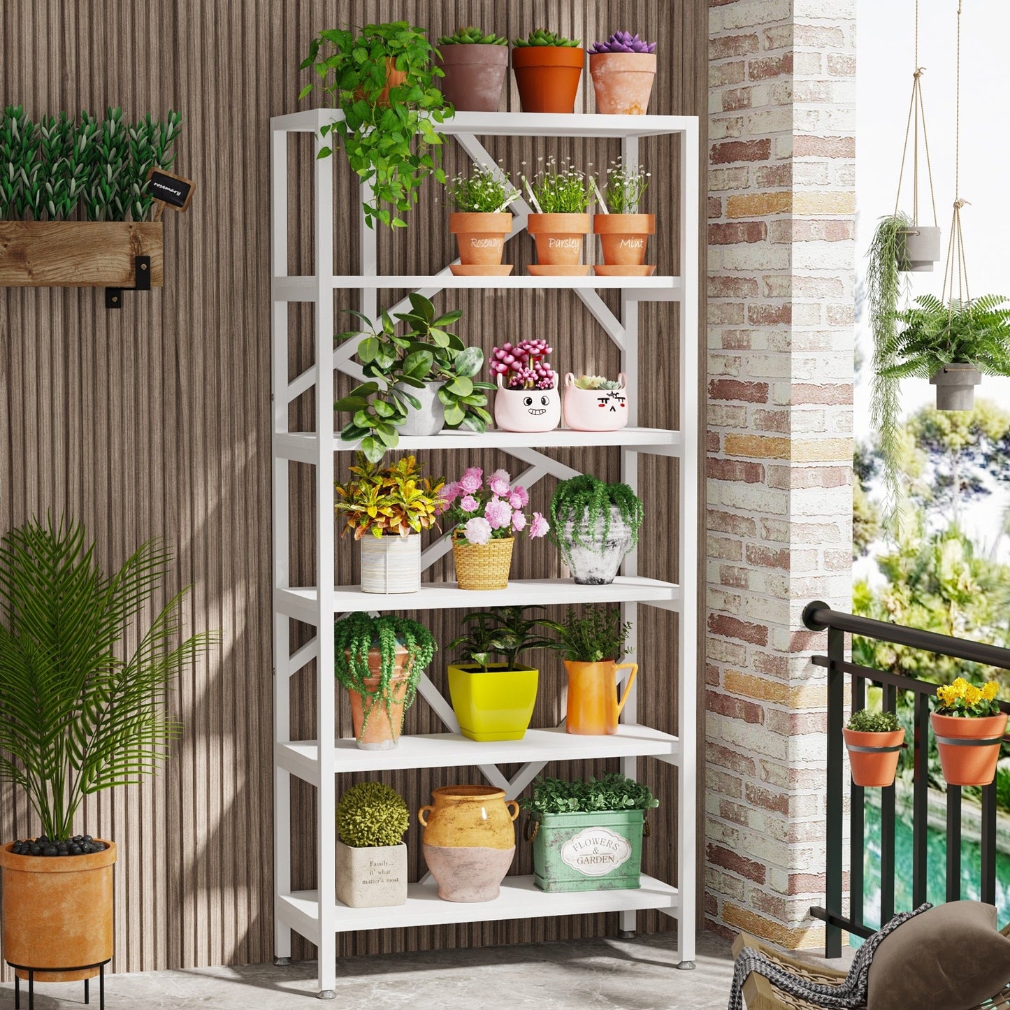 Bibliothèque industrielle à 6 niveaux en bois brun rustique, étagères ouvertes