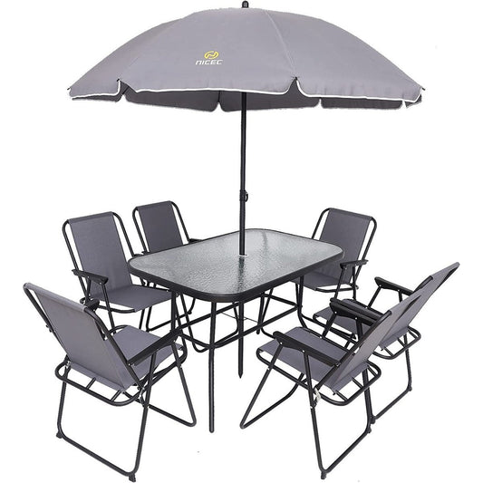 Ensemble de salle à manger de jardin 8 pièces, table de jardin d'extérieur avec parasol amovible, table en verre et 6 chaises pliantes