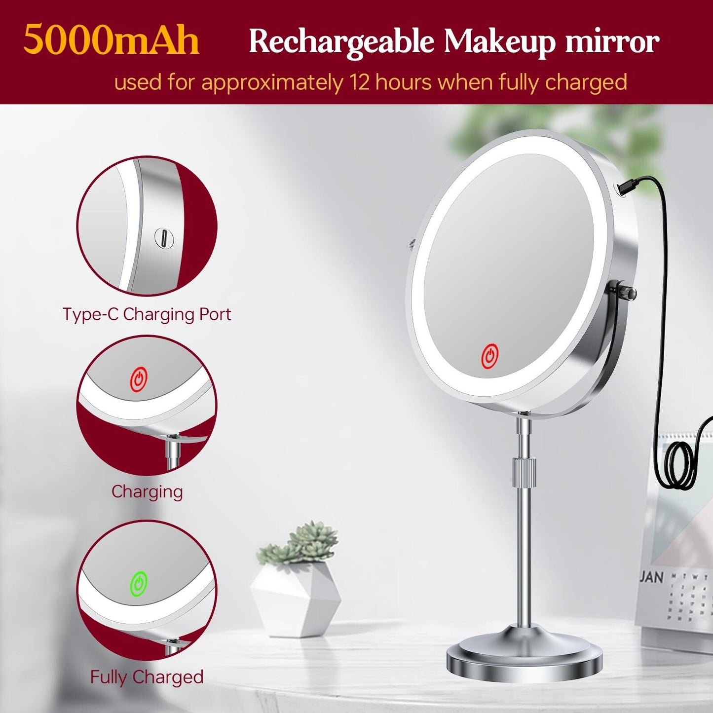 Miroir de maquillage éclairé à 9 LED, miroir grossissant double face avec grossissement 1X/10x, 3 couleurs d'éclairage