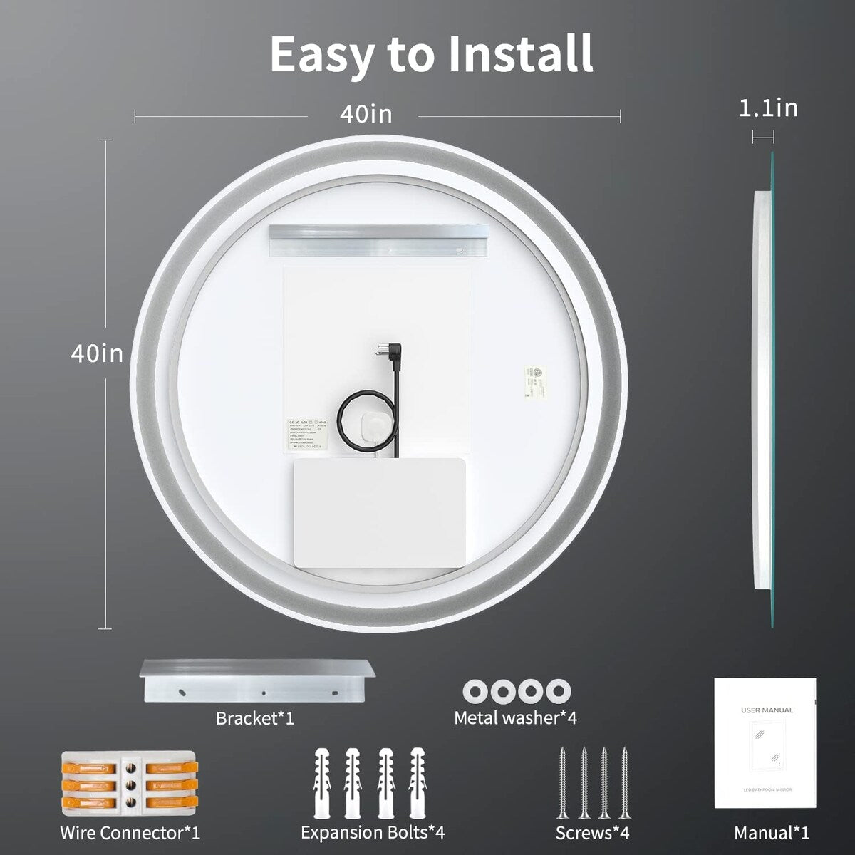 Miroir de courtoisie rond sans cadre, antibuée, éclairé par LED et à intensité variable