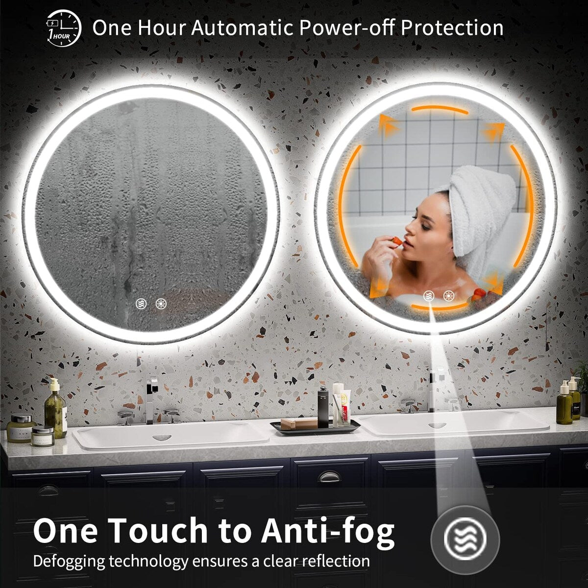 Miroir de courtoisie rond sans cadre, antibuée, éclairé par LED et à intensité variable