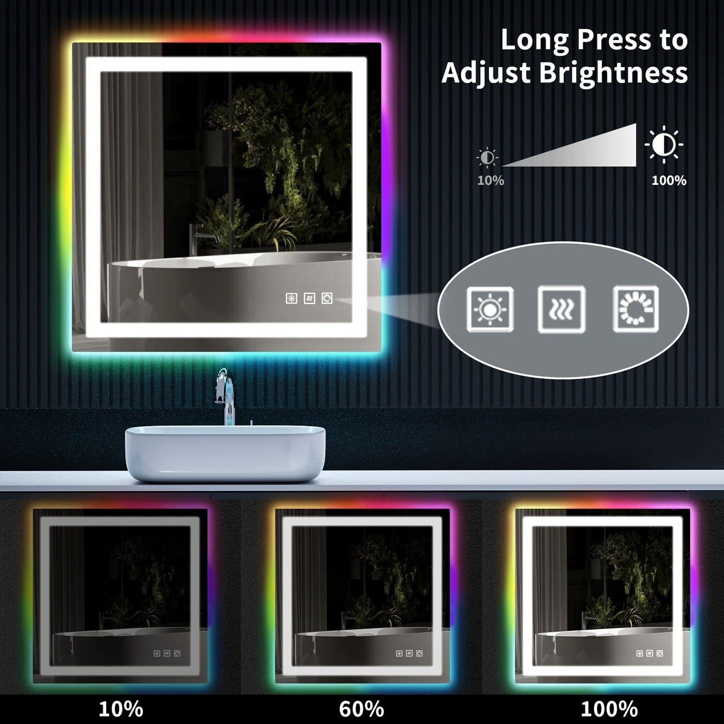 Miroir de salle de bain antibuée rétroéclairé RVB et à éclairage frontal LED