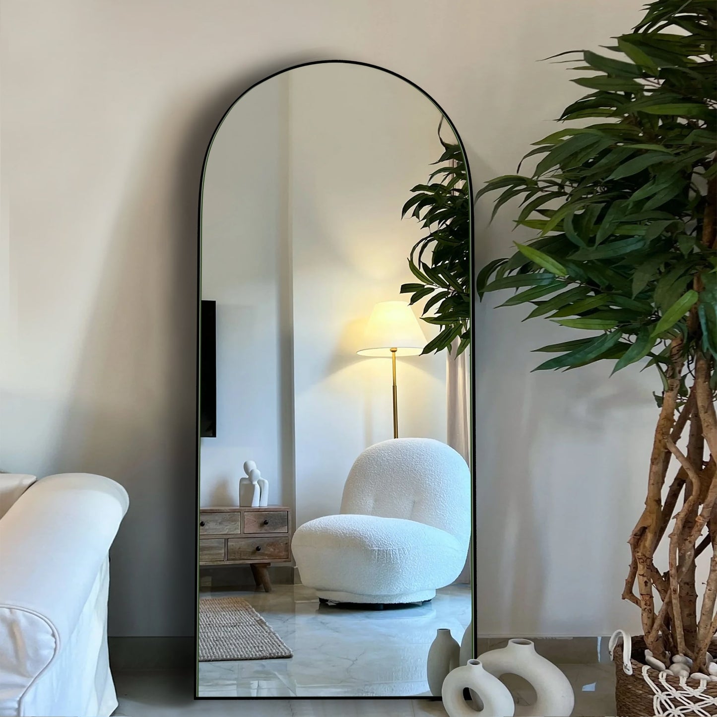 Miroir de sol en bois arqué pleine longueur, miroir mural