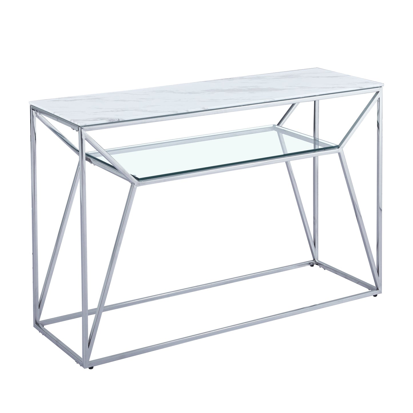 Console Ava en chrome argenté avec plateau effet marbre blanc