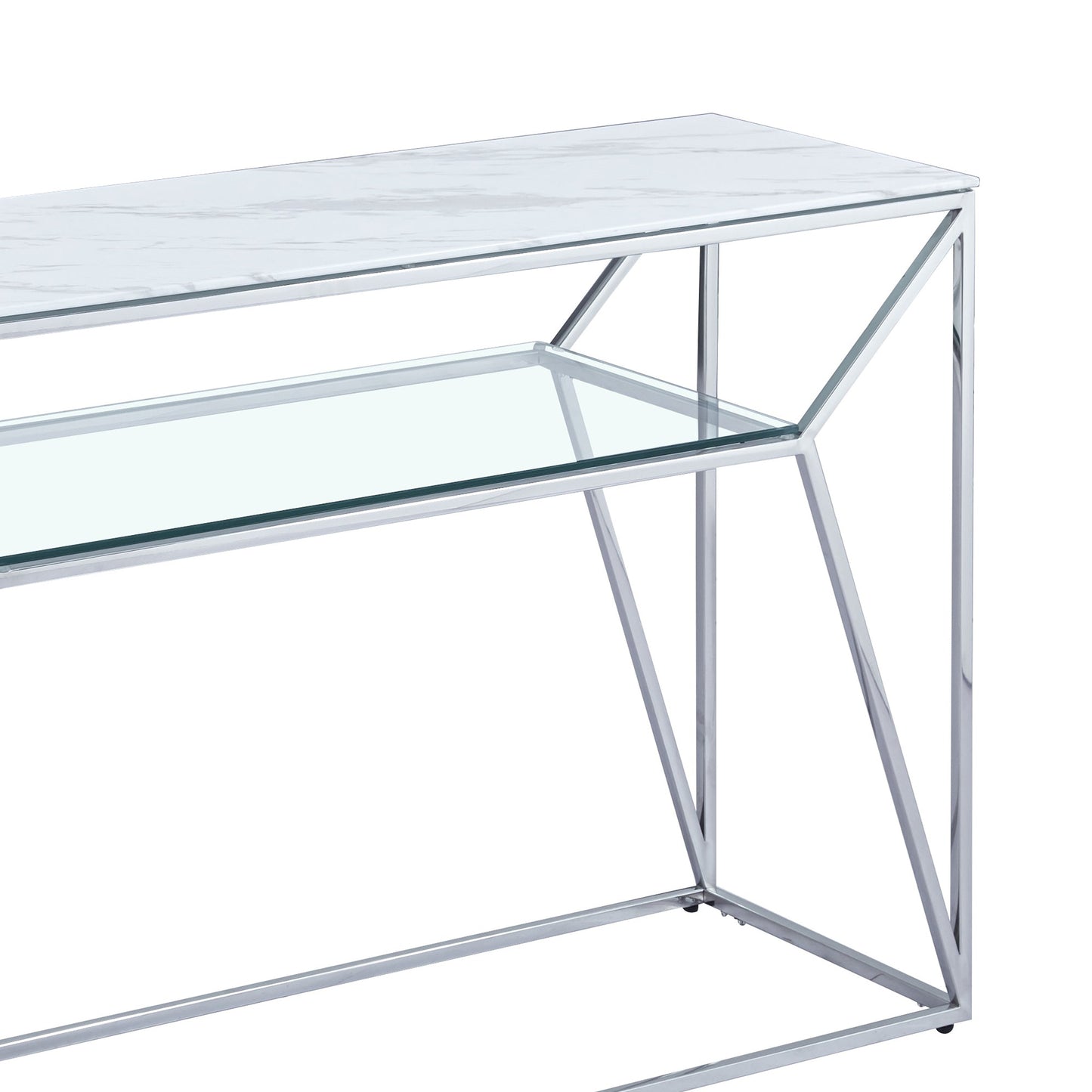 Console Ava en chrome argenté avec plateau effet marbre blanc