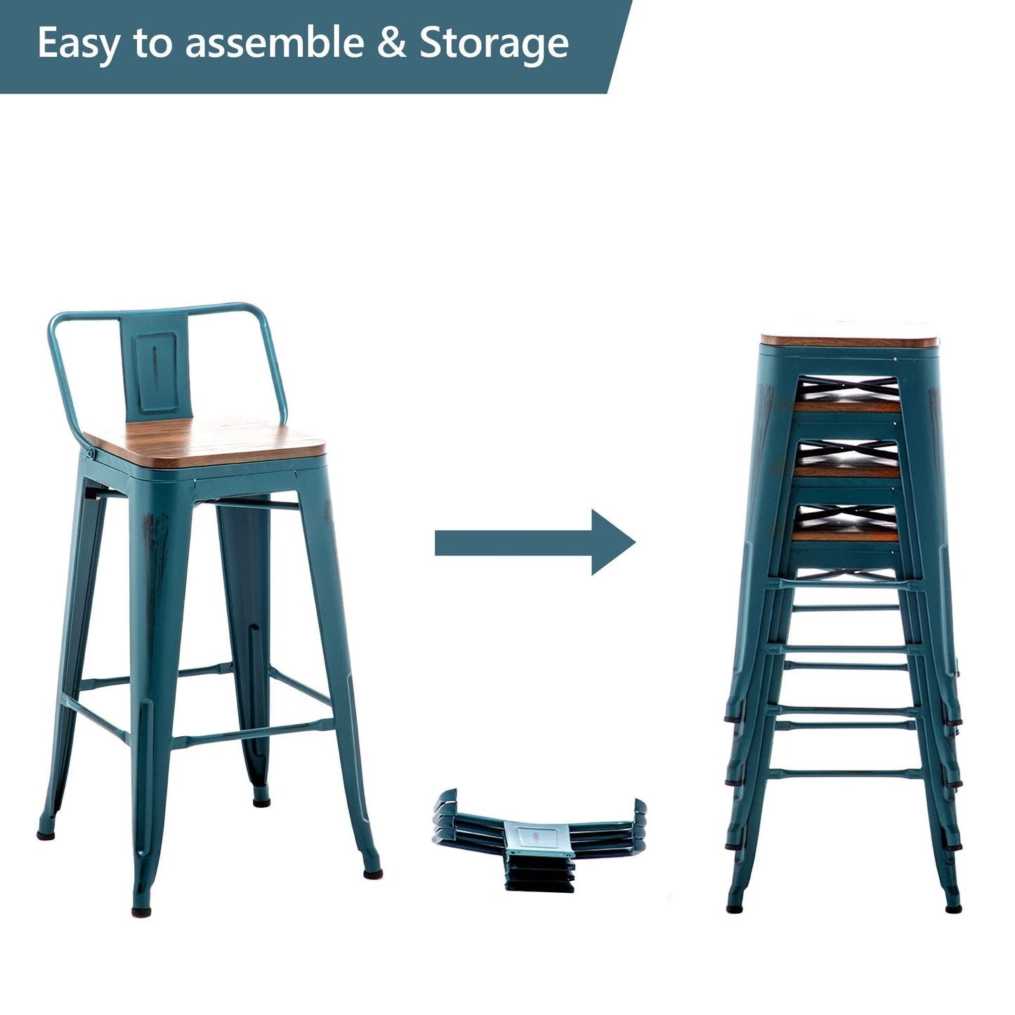 Lot de 4 tabourets de bar industriels en métal avec dossier et assise en bois