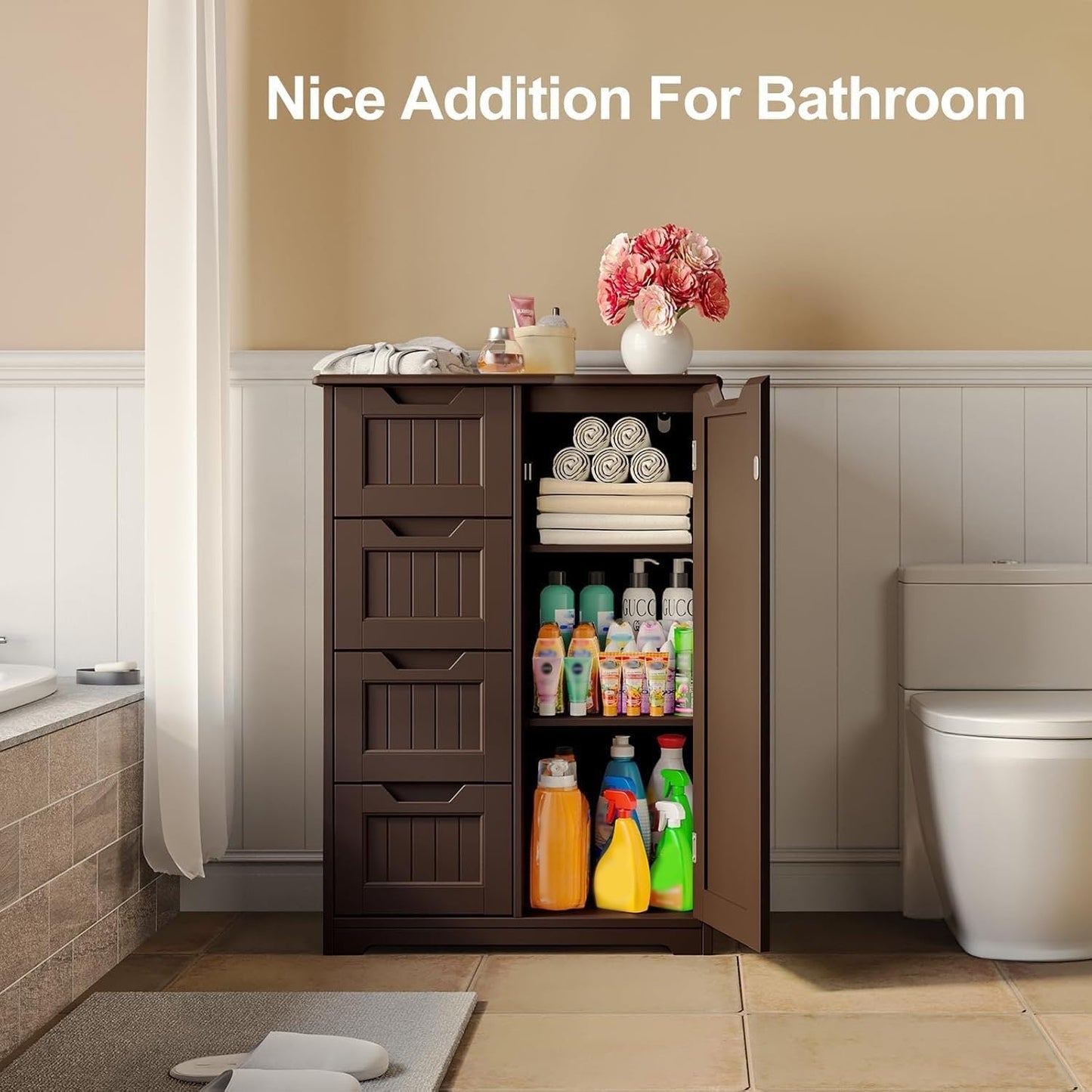 Meuble de rangement de salle de bain, meuble de rangement sur pied indépendant avec 4 tiroirs et étagère réglable