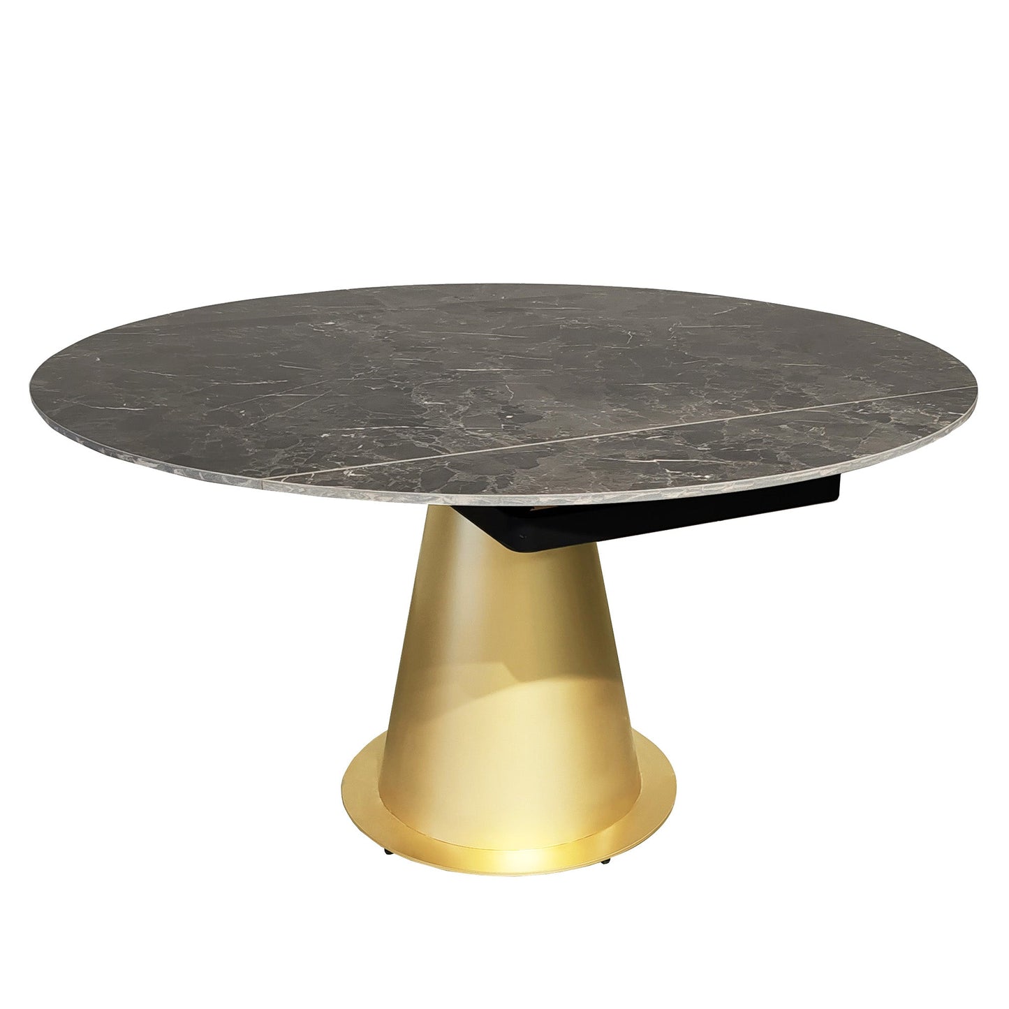 Table à manger ronde extensible en céramique noire effet marbre avec base dorée