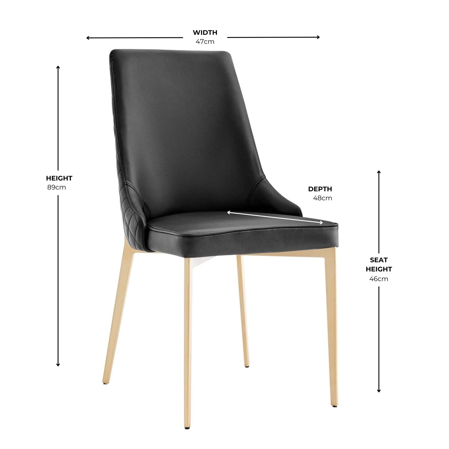 Chaise de salle à manger noire Jade en similicuir avec pieds dorés
