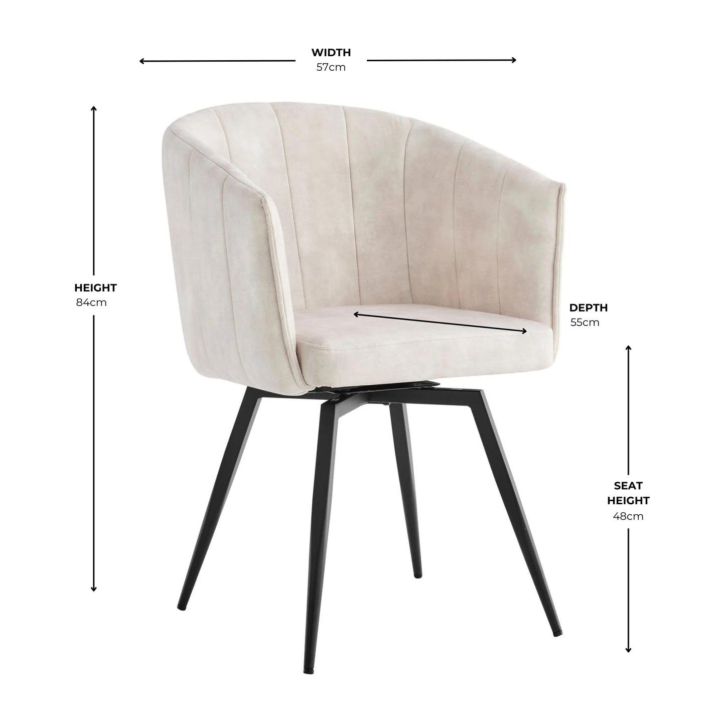 Chaise de salle à manger Arlo en velours crème avec pieds pivotants noirs
