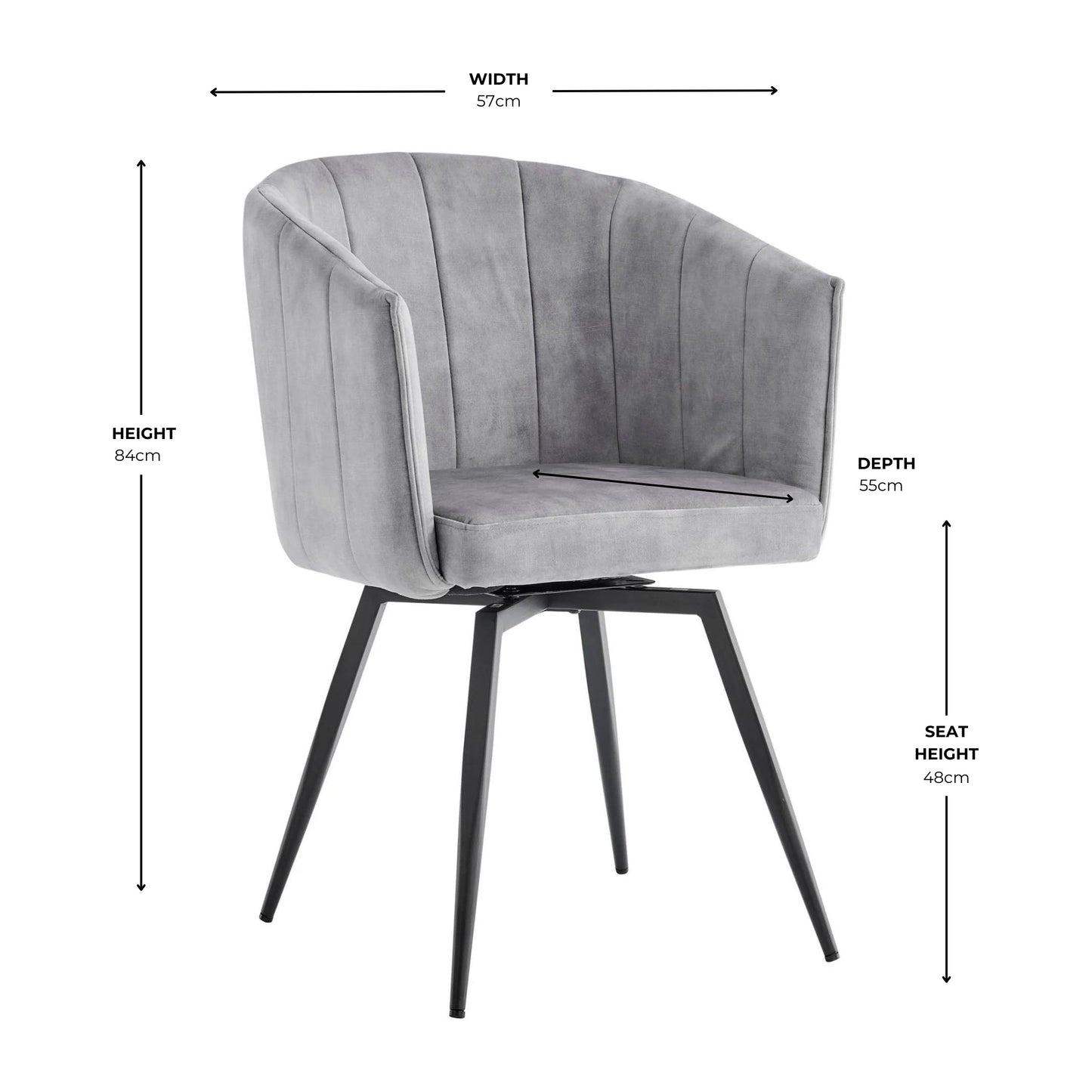 Chaise de salle à manger Arlo en velours gris avec pieds pivotants noirs
