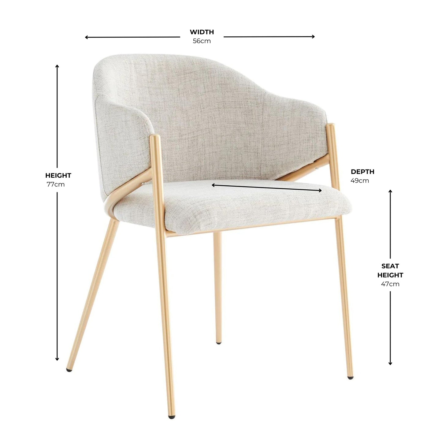 Chaise de salle à manger Alice en lin beige clair neutre avec cadre doré