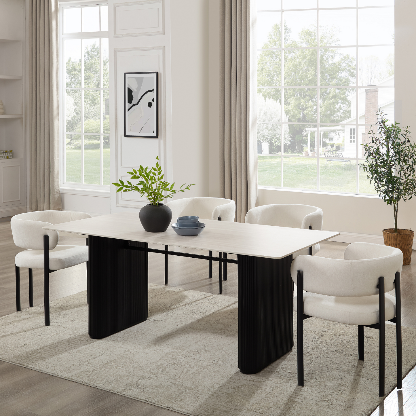 Table à manger Siena en céramique blanche avec base nervurée noire