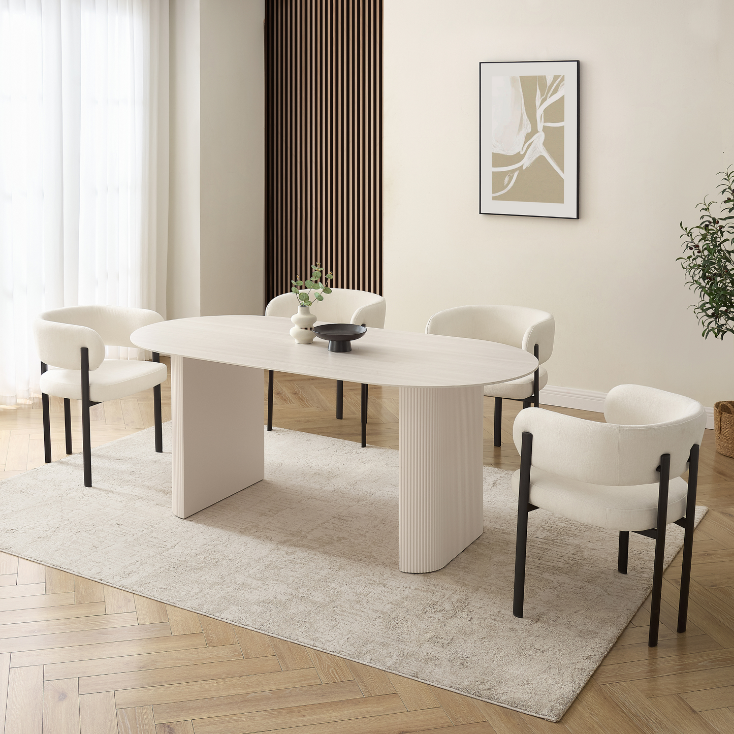Table à manger Sofia en céramique blanche avec base côtelée crème