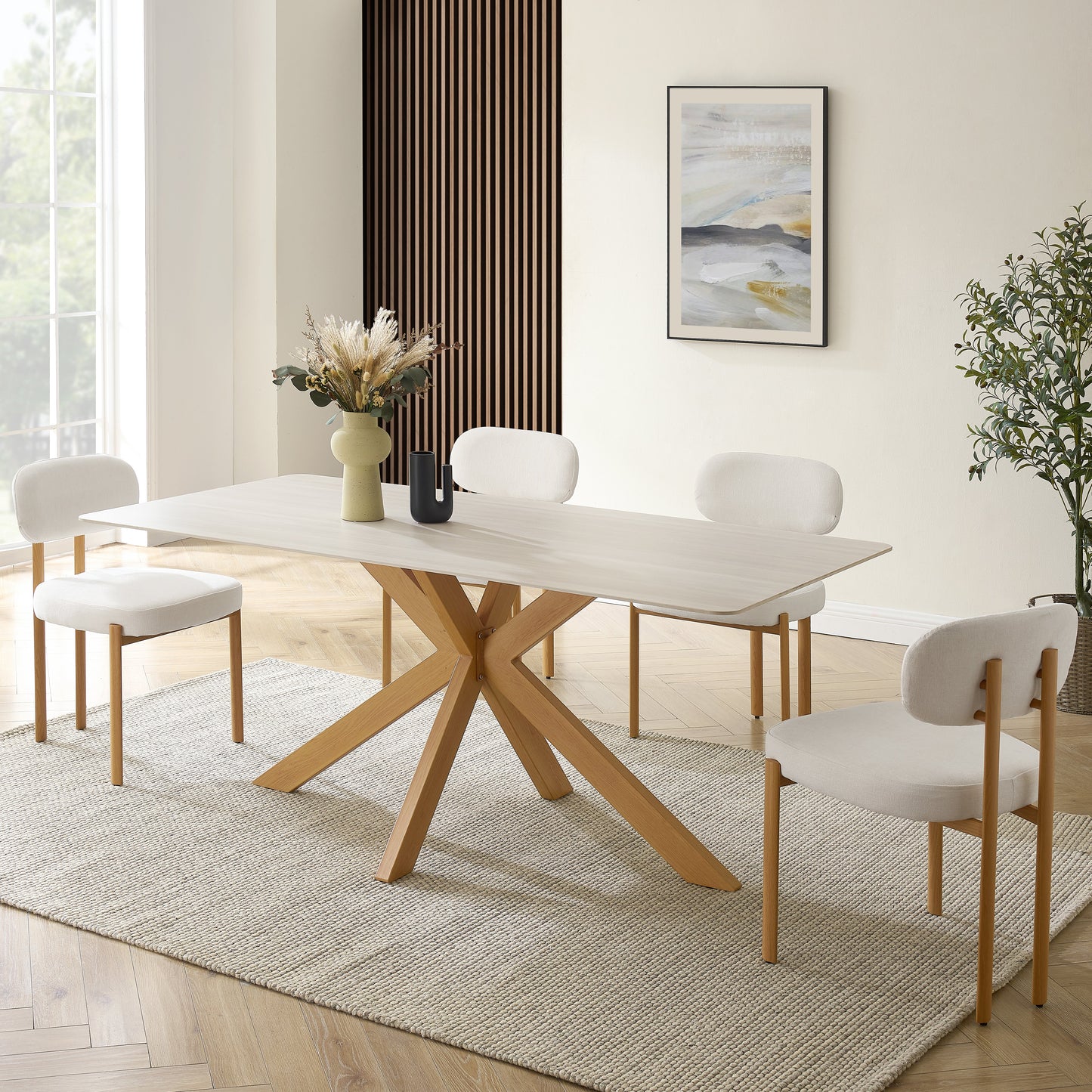 Table à manger Athens en céramique blanche avec base effet bois naturel
