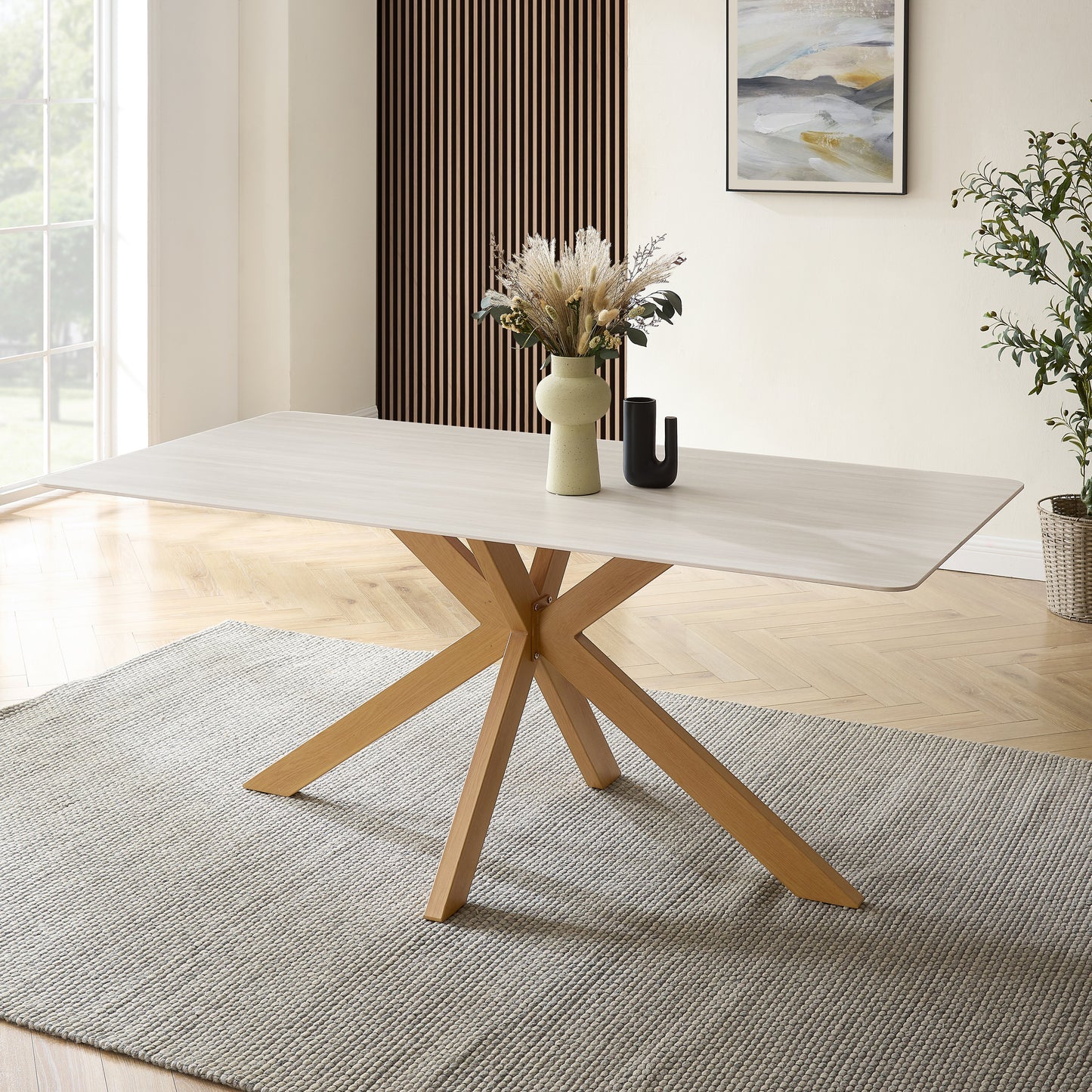 Table à manger Athens en céramique blanche avec base effet bois naturel