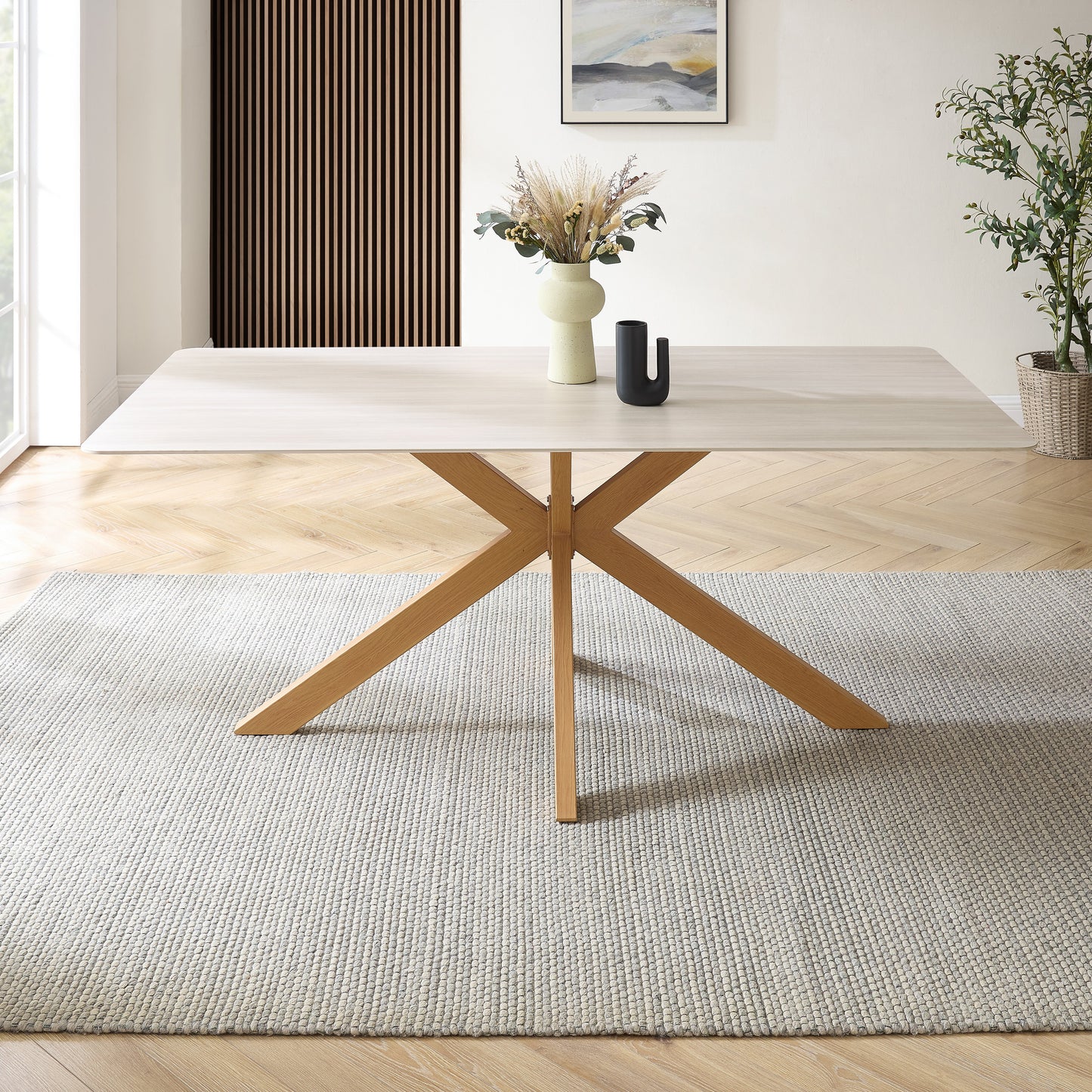 Table à manger Athens en céramique blanche avec base effet bois naturel